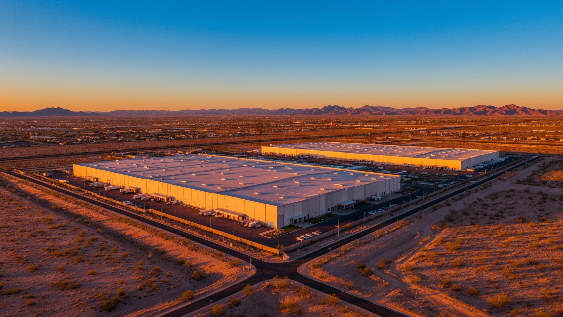 Aerial view of Phoenix industrial real estate with warehouse buildings, outdoor yard area, truck circulation, and distribution corridors