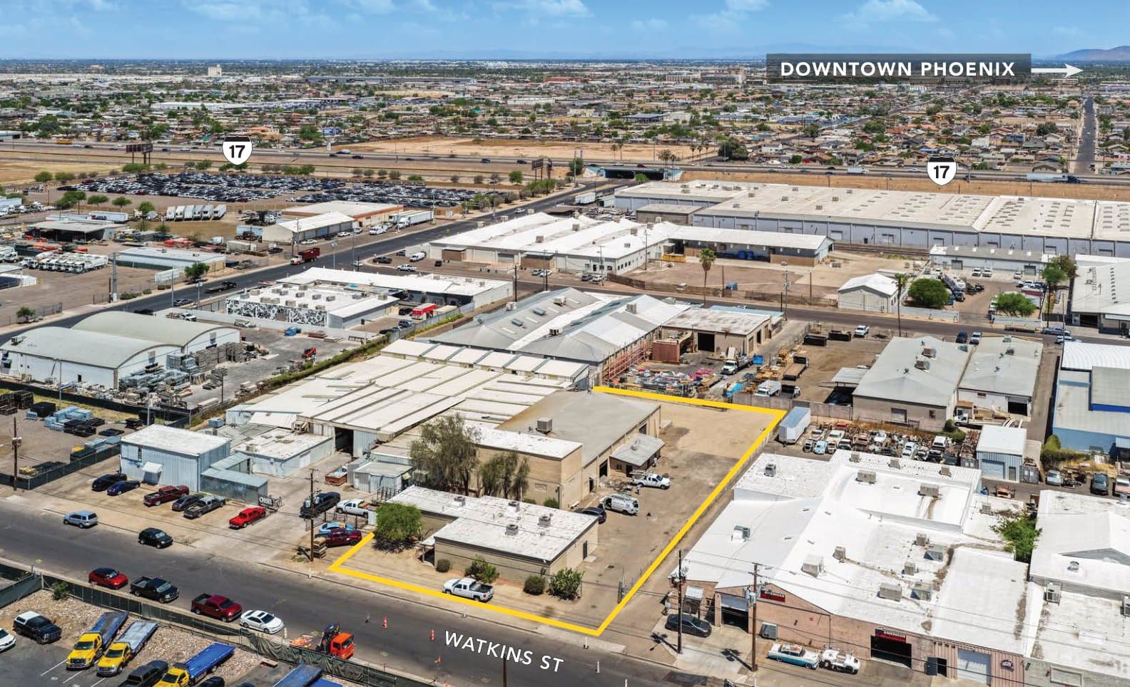 Aerial view of industrial property at 1210 W Watkins Rd in Phoenix, Arizona showing warehouse building, access points, and surrounding site area.