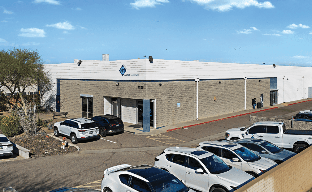 Aerial view of industrial property at 2526 E Southern Ave in Phoenix, Arizona showing warehouse building, access points, and surrounding site area.