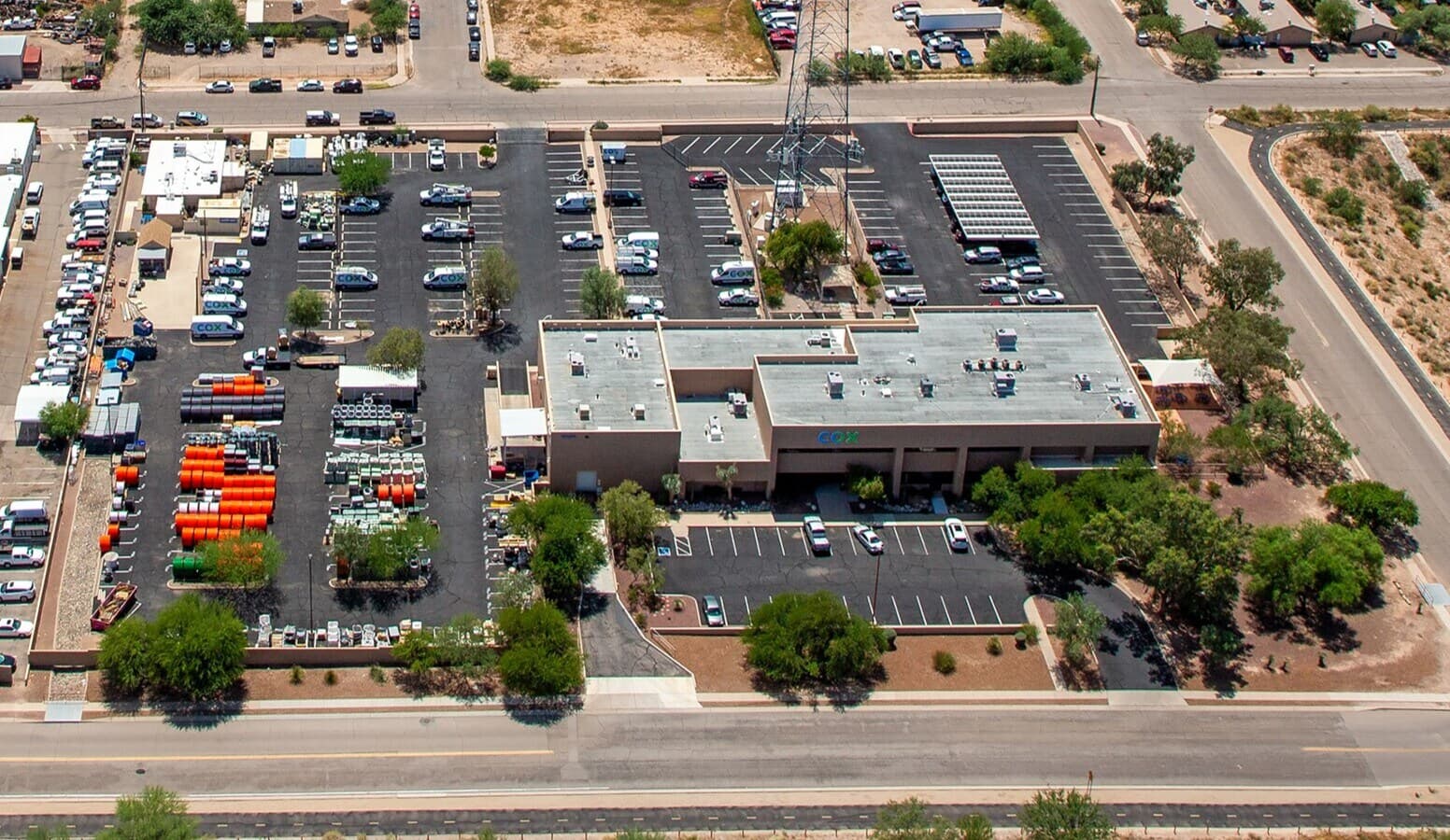 Aerial view of industrial property at 1440 E 15th St Tucson in Tucson, Arizona showing warehouse building, access points, and surrounding site area.