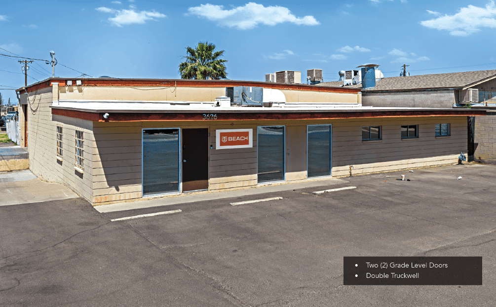Aerial view of industrial property at 3626 N 36th Ave in Phoenix, Arizona showing warehouse building, access points, and surrounding site area.