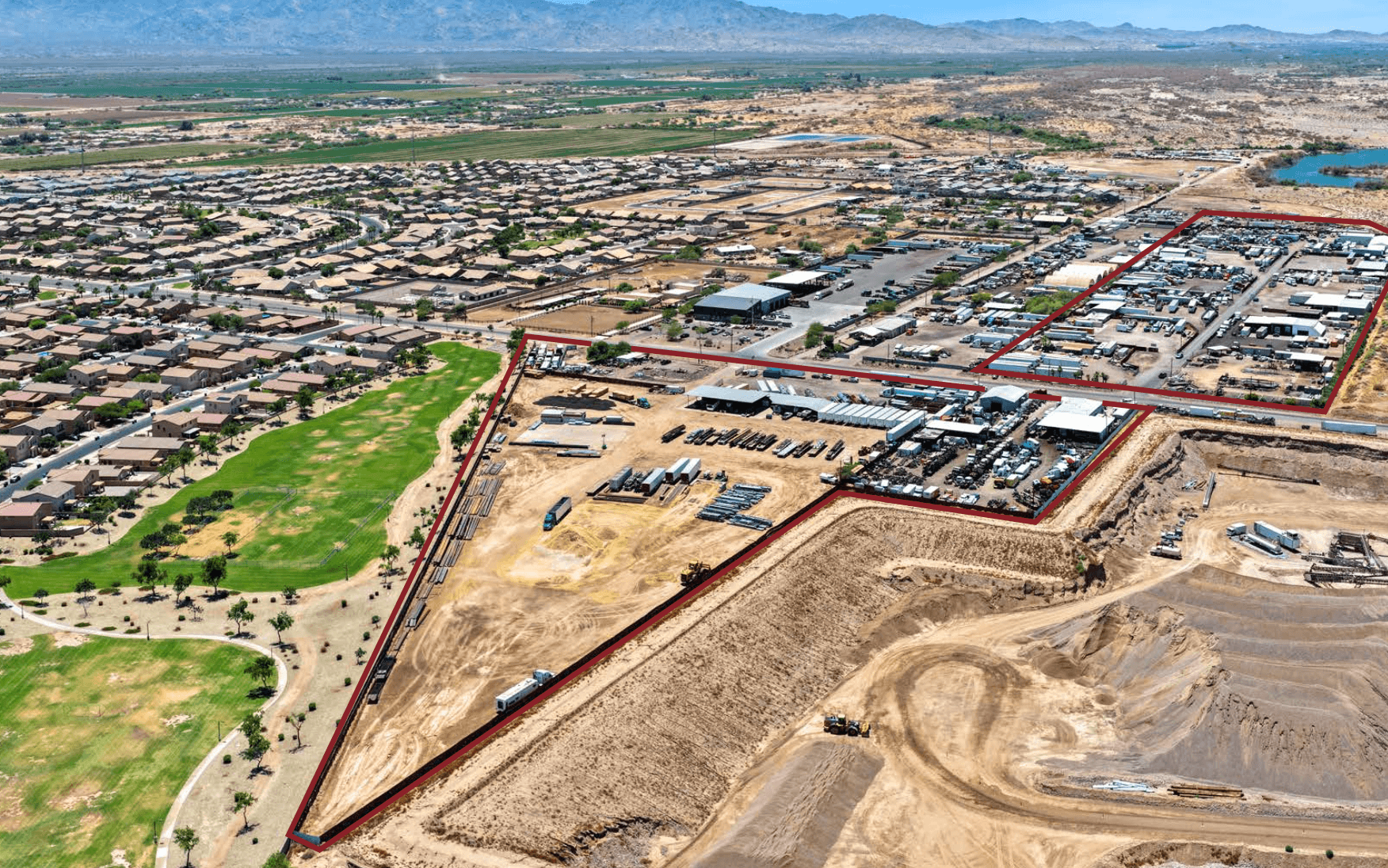 Aerial view of industrial property at 6212 & 6227 S 75th Ave in Phoenix, Arizona showing warehouse improvements, yard area, truck access, and outdoor storage space.