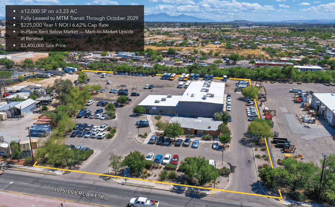 Aerial view of industrial property at 829 W Silverlake Rd in Phoenix, Arizona showing warehouse building, access points, and surrounding site area.
