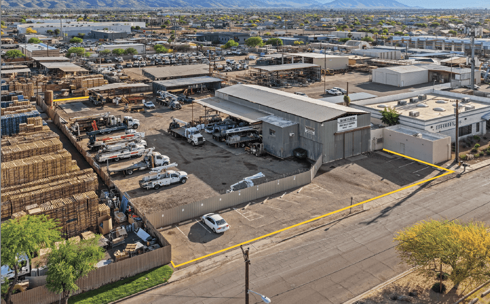 Aerial view of industrial property at 2935 E Illini St in Phoenix, Arizona showing warehouse building, access points, and surrounding site area.