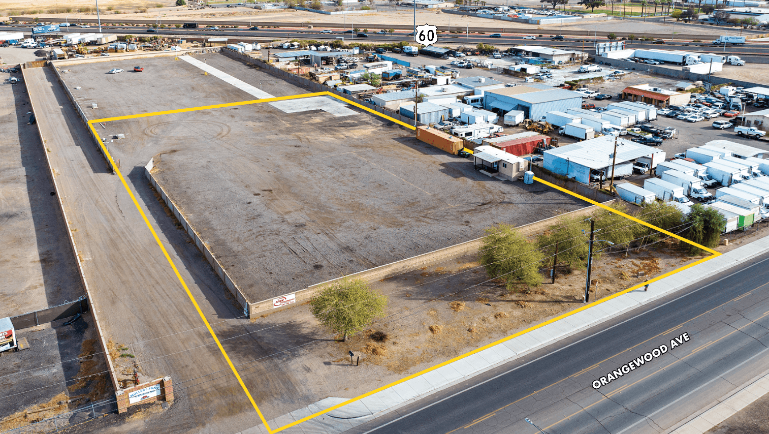 Aerial view of industrial property at 6362 W Orangewood Ave in Glendale, Arizona showing warehouse building, access points, and surrounding site area.