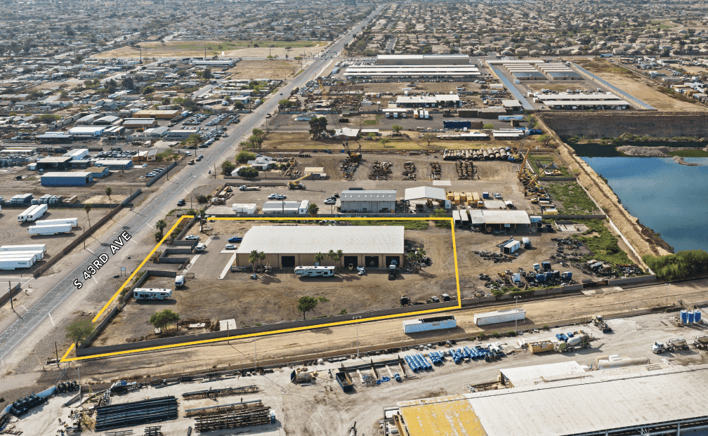Aerial view of industrial property at 5240 S 43rd Ave in Phoenix, Arizona showing warehouse building, access points, and surrounding site area.
