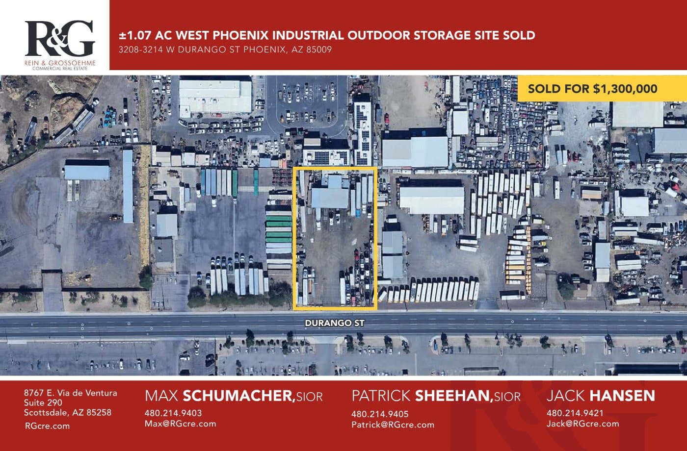 Aerial view of industrial property at 3214 W Durango St in Phoenix, Arizona showing warehouse building, access points, and surrounding site area.