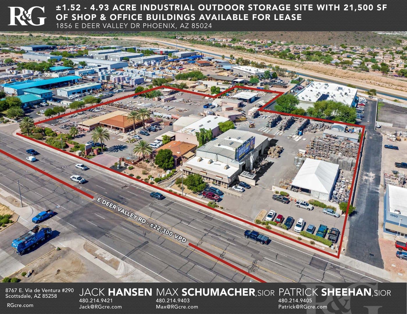 Aerial view of industrial property at 1856 E Deer Valley in Phoenix, Arizona showing warehouse building, access points, and surrounding site area.